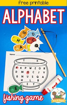 a printable alphabet game for kids with fish and letters on the front, along with two pencils