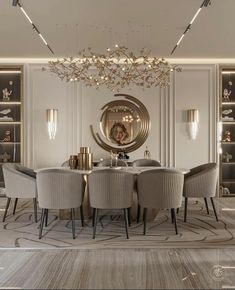 an elegant dining room with chandelier, chairs and round table in the center