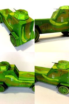 four different views of a green toy car