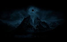 a dark mountain scene with the moon in the sky