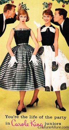 "1957 XS Silver Lurex Swing Dress - Party Dress - Fit and Flare - Silver Striped Dress - Beautiful Silver Lurex and Black Silk - Fitted Bodice and Flared at the Waist - Darted Bust, Pleated Skirt Bottom at Waist - Side Zipper - Fully Lined Labels/Materials: Juniors Fashions by Carole King - Black Silk, Silver Lurex, and what feels like an acetate lining - Vintage size 11 Upon researching the labels and searching for similar dresses, I stumbled upon an ad which dates this dress to 1957 for a Chri Holiday Party Fashion, 1950 Fashion, Lingerie Vintage, Carole King, Fifties Fashion, Rockabilly Style, Look Retro, Fashion 1950s, Full Skirt Dress