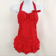 Haixiang Pin Up Swimsuit One Piece Red With White Polka Dots Padded Chest, The Cups Are Firmer And Not Removable Bow On Right Side Halter Top Tie Around Neck And Tie In The Back Ruffles Around Waist X-Large Condition: New Without Tags Fitted Red One-piece For Summer, Red Sleeveless One-piece Beachwear, Casual Red Halter Neck Swimwear, Red Sleeveless Beachwear One Piece, Red Sleeveless Beachwear One-piece, Sleeveless Red One-piece For Summer, Red Sleeveless Summer One Piece, Alt Wardrobe, Pin Up Swimsuit