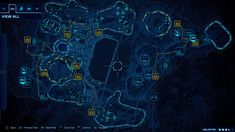 a map with all the locations in blue and yellow glowing on it's surface