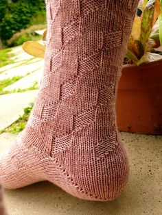 a person wearing pink socks standing next to a potted plant