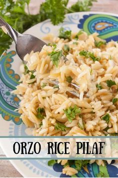 a plate full of rice and cilantro on a wooden table with parsley