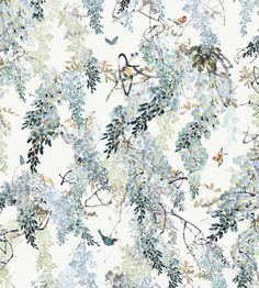 a white wallpaper with blue flowers and birds on it's branches in the foreground