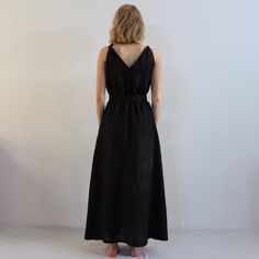 "Spring dress. Write the selected color in the message Long black linen dress with belt, sleeves and 2 pockets , perfect for casual wear and suitable for any occasion in any season Details: - 100% natural linen produced in Europe ; - medium weight (180 gram per square meter); - color: black, could be any from our colors catalog (color samples at the photo); Made to order, approximately a few days, If you have any questions please message me and I will be glad to answer. Size guide : Size XS Bust Black Belted Maxi Dress For Summer, Chic Black Linen Dress, Elegant Belted Linen Maxi Dress, Chic Linen Belted Maxi Dress, Chic Belted Linen Maxi Dress, Elegant Black Linen Maxi Dress, Black Linen V-neck Midi Dress, Chic Black Linen V-neck Dress, Chic Black V-neck Linen Dress