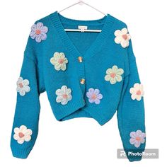 Slightly Cropped - Teen/Women Xsmall - Debut - 3d Embroidered Flowers Susceptible To Detachment - Unworn - Boxy - Thick - Original Price Averaged From Other Resellers Embroidered Cardigan, Embroidered Flowers, Sweaters & Cardigans, Color Blue, Sweaters For Women, Flowers, Women Shopping, Blue, Color