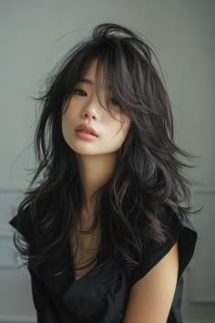 Female Haircuts Straight Hair, Long Haircut Not Styled, Hair Cuts Long Hair Layers Bangs, Haircuts With Layers And Curtain Bangs, Long Black Wolf Cut, Felco Haircut Girl Long Hair, Long Wolf Cut Chubby Face, Long Haircut Asian, Haircut For Women Long Hair