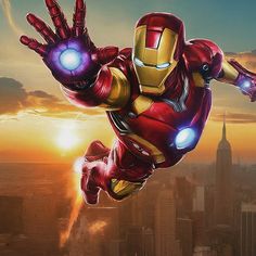 an iron man flying through the air over a city