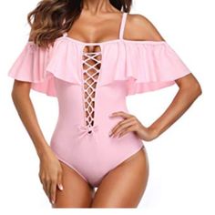 Color: Pink Size: Xl (Bust: 36', Waist: 32' , Hips: 36') Style: -Ruffled Flounce One-Piece Swimsuit With Removable Shoulder Straps, Changing For An Off-Shoulder Style Is Convenient. -Crisscross Lace-Up Deep Plunge Front Design -High Cut On The Waist With Cheeky Bottom Coverage Lengthens Your Torso Perfectly. -Full Lined And Removable Padding Bras For No See Through. Due To Hygiene Reasons We Cannot Accept Exchange Or Returns On Non-Faulty Items So Please Check Size Measurement Casual Ruffled Swimwear, Stretch Swimwear With Ruffles For Spring, Pink Ruffled Straps Swimwear For Spring, Casual Stretch Swimwear With Ruffles, Casual Stretch Ruffle Swimwear, Trendy Ruffled Swimwear For Spring, Cheap Pink Ruffled Swimwear, Ruffled Solid One-piece Beachwear, Pink Ruffled One-piece Swimsuit For The Beach