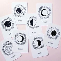 six cards with the phases of the moon and stars in them on a pink background