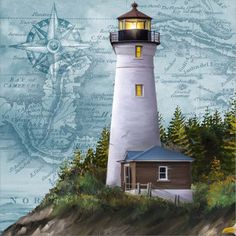 a painting of a lighthouse on top of a small island with trees and map in the background