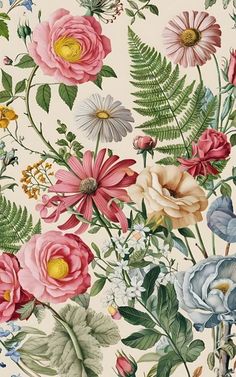 a floral wallpaper with pink, blue and yellow flowers on the bottom half of it