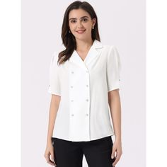 Designed with a unique double-breasted detail and a camp neck, this top combines style and comfort effortlessly. Made with smooth chiffon fabric, this top ensures all-day comfort without compromising on style. It can be simply paired with work pants or pencil skirt for a casual look. Whether you're going for a relaxed brunch or a night out, this top ensures a fashionable and comfortable look. Collared Office Tops With Covered Buttons, Solid Tops With Covered Buttons For Work, Solid Tops With Button Closure For Work, Formal Solid Color Tops With Buttons, Office Wear Tops With Button Closure, Casual Tops With Covered Buttons For Office, Casual Office Tops With Covered Buttons, V-neck Top With Back Button Closure For Office, Chambray Top