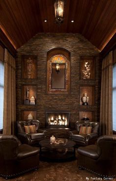 a living room filled with furniture and a fire place in the middle of it's walls