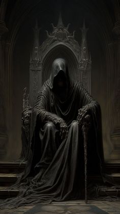 a man sitting on top of a chair in front of a gothic throne with a giant head