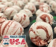 a pile of red and white desserts with the words freeze dried usa on them