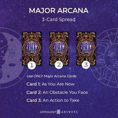 three cards with numbers and symbols on them for the past, present & future 3 - card spread