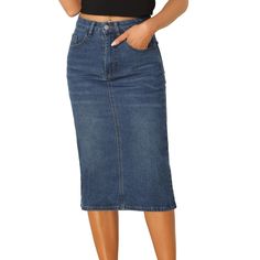 Elevate your style with this versatile and trendy denim skirt. Crafted from good quality denim, it offers both comfort and durability. The high waist design flatters your figure and accentuates your curves, while the stretchy fabric ensures a perfect fit. The midi length adds a touch of sophistication, making it suitable for various occasions. Whether you're going for a casual day out or a night on the town, this denim skirt is a must-have in your wardrobe. Pair this jean skirt with a tucked-in Midi Jean Skirt, Casual Denim Skirt, Womens Denim Skirts, Midi Jeans, Trendy Denim, Skirts Midi High Waisted, Denim Skirt Women, Denim Pencil Skirt, Tea Length