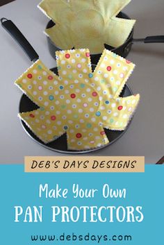 a pan filled with yellow and white polka dot fabric flowers on top of a table