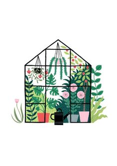 an illustration of a greenhouse with potted plants in it and hanging from the ceiling