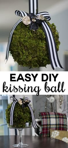 an easy diy moss ball centerpiece with ribbon and bow on top for the base