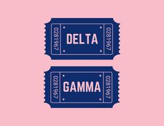 two pink and blue tickets with the word delta printed on them against a pink background