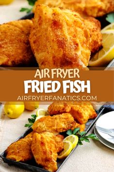 air fryer fried fish with lemon wedges and parsley on the side for dipping