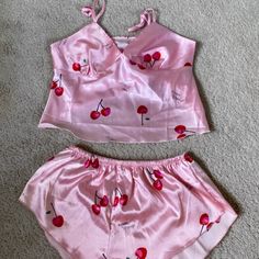 Pink Cherry Pajama Set !! Never Worn !! Cherry Pajama Set, 2000 Pajamas, Trashy Y2k Pajamas, Cute V-neck Sleepwear For Loungewear, Pink Summer Sleepwear For Bedtime, Cute V-neck Summer Sleepwear, Pink V-neck Sets For Pajama Party, Pink V-neck Pajama Party Set, Pink Summer Bedtime Sets