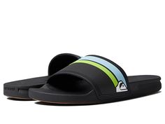 Quiksilver Rivi Slide - Men's Slide Shoes : Black/Orange/Blue : From beach to backyard, hook your style up with the crucial comfort of the Quiksilver Rivi Slide sandals! Slides in a cushioned silhouette. Water-friendly soft TPR upper with comfortable microfiber liner. Ultra-soft Hydrobound footbed with anatomically correct contours for all-day comfort. Slip-resistant outsole offers grippy traction and long-lasting wear. Imported. Measurements: Weight: 6.6 oz Product measurements were taken using Lightweight Synthetic Sandals With Gel Cushioning, Beach Flip Flops, Synthetic Material, Black Sandals With Cushioned Footbed For Beach, Lightweight Cushioned Flip Flops For Summer, Lightweight Synthetic Flip Flops For Beach, Summer Slides With Gel Cushioning, Spring Slides With Gel Cushioning, Synthetic Slides With Gel Cushioning For Spring, Comfortable Gel Cushioned Flip Flops For Summer