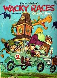 an old children's book with cartoon characters riding in a car and the title wacky races