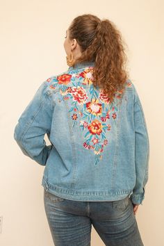 Denim jacket features embroidery accents throughout the front and back. Exposed button closure. 100% COTTON Length: 25-26"" approximately 1X Bust 52" 2X Bust 54". 3X Bust 56". Oversize fitting ( BIG) Perfect outfit for the fall Bohemian Denim Jacket With Multicolor Embroidery, Fitted Bohemian Denim Jacket With Floral Embroidery, Bohemian Embroidered Blue Denim Jacket, Bohemian Embroidered Multicolor Denim Jacket, Multicolor Embroidered Denim Jacket, Plus Size Boho, Boho Festival, Embroidered Jacket, Perfect Outfit