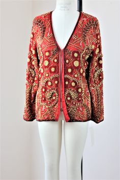 "Stunning ...heavily beaded..with gold and beads throughout...this is soo heavy and oh so beautiful!! Excellent for anytime of year. Are you a red person? This is a great jacket to put against a black dress..or simple outfit..to dress it up and make it formal!! Excellent condition! Measuring: 25\" length Width: 40\" Sleeves: 23\" Pet Free/smoke free Enjoy!" Fall Festive Outerwear With Gold Embroidery, Festive Fall Outerwear With Gold Embroidery, Red Sequined Outerwear For Party, Fitted Red Outerwear For Festival, Red Long Sleeve Sequined Outerwear, Embellished Red Outerwear For Fall, Red Embellished Outerwear For Fall, Traditional Embellished Outerwear For Fall, Gold Long Sleeve Outerwear For Festivals