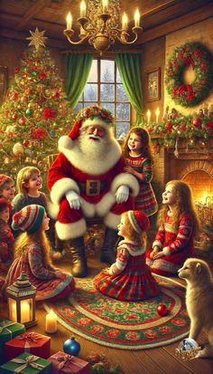 a christmas scene with santa claus and children