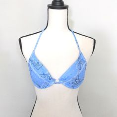 Blue And White Bandana Print Push Up Bikini Top Has Underwire, Ties Around The Neck And Hooks In The Back Has Stretch And Removable Padding 82% Polyester | 18% Spandex I Do Have The Matching Bottoms To These Tops Which Will Be Listed Right Next To This One Please Refer To Last Photo For Measurements And Fit Blue Halter Top For Spring Beach Party, Blue Halter Top For Poolside Spring Season, Spring Blue Halter Top For Poolside, Bohemian Blue Halter Neck Swimwear, Fitted Blue Halter Top With Built-in Bra, Blue Halter Top For Summer Beach Party, Blue Triangle Halter Top For Spring, Blue Fitted Triangle Halter Top, Fitted Blue Halter Top For Summer