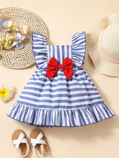 Blue and White  Collar Sleeveless Fabric Striped A Line Embellished Non-Stretch  Baby Girls Clothing Cute Sleeveless Dress With Ruffles For Summer, Beach Cotton Dress With Bow, Playful Sleeveless Dress With Bow, Playful Ruffled Sleeveless Beach Dress, Cute Sleeveless Beach Dress, Playful Sleeveless Beach Dress With Ruffles, Striped Summer Dress For Playtime, Sleeveless Beach Dress With Bow, Beach Sleeveless Dress With Bow