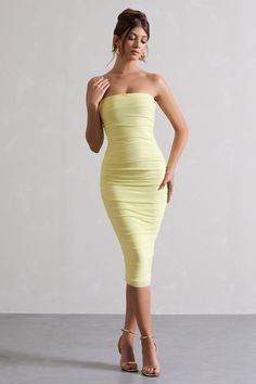 My Girl Lemon Strapless Bodycon Ruched Mesh Midi Dress – Club L London - USA Midi Bridesmaid Dress, Mesh Midi Dress, Club L London, Calf Length Skirts, Designer Midi Dresses, Black Dress Prom, Strapless Bandeau, Maxi Dress Prom, Girl A