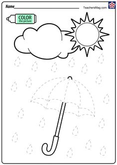 a coloring page with an umbrella in the rain and sun above it, for children to color