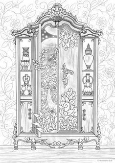 a drawing of a cabinet with flowers and birds on the front, in black and white