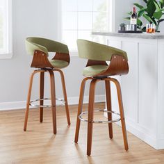 two modern bar stools in a white kitchen