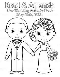 a bride and groom holding hands with the bride's bouquet in her hand coloring page