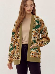 JODIFL tiger jungle print cardigan in green on model from front Printed V-neck Outerwear For Fall, Fall Printed V-neck Cardigan, Open Front Printed Cardigan For Fall, Casual Open Front Printed Cardigan, Multicolor Printed Cardigan For Fall, Fall Multicolor Printed Cardigan, Black Date Night Outfit, Black Dating, Nashville Style