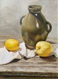 a painting of lemons and a vase on a table