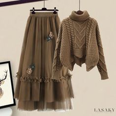 Lasaky - Stylish Winter Knitted Sweater with Tulle Midi Skirt - A Vintage Ensemble Thick Twist, Brown Turtleneck Sweater, Vintage Two Piece, Winter Knit Sweater, Tulle Midi Skirt, Khaki Skirt, Mesh Skirt, Pullover Sweater Women, Chiffon Skirt