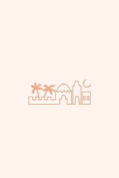 an orange cityscape with palm trees in the foreground and a white background