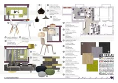 the interior design scheme for a modern house with green accents and furniture, including chairs, lamps