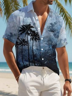 Plus Coconut Tree Print Shirt For Summer Vacation Multicolor Boho  Short Sleeve Woven Fabric Tropical,Plants Shirt Non-Stretch  Men Plus Size Clothing, size features are:Bust: ,Length: ,Sleeve Length: Cheap Men's Palm Tree Print Tops, Casual Cotton T-shirt With Palm Tree Print, Hawaiian Tropical Print T-shirt For Beach Season, Vacation Palm Tree Print Short Sleeve T-shirt, Button-up Hawaiian Shirt With Palm Tree Print For Beach, Men Plus Size, Coconut Tree, Men Shirt, Men Shirt Style