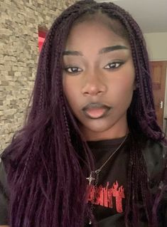 Purple braids Purple And Blonde Braids Black Women, Braids For Black Women Purple, Plum Box Braids, Knotless Box Braids Purple, Braid Colors On Dark Skin, Purple Hair Locs, Dark Purple Braids For Black Women, Dark Purple Knotless Braids, Purple Braids Black Women