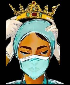 a woman wearing a surgical mask with a crown on her head and the words corona written below it